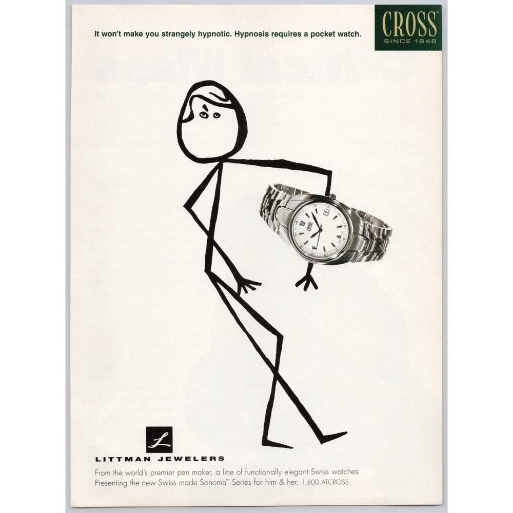Cross Swiss Made Sonoma‎ Watch Minimalist Art Advertising Print Ad 1998
